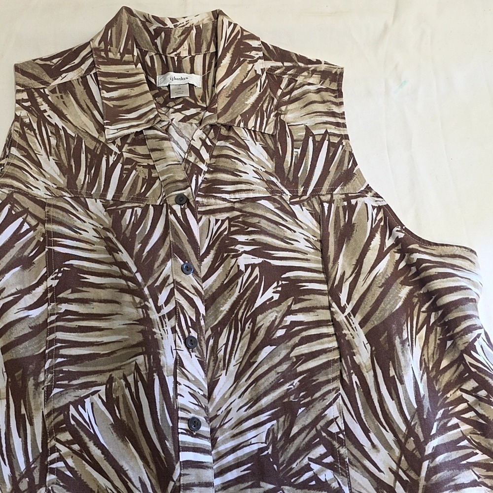 CJ Banks Button Down Women 2X Brown Tropical Palm Leaf Linen Blend Sleeveless